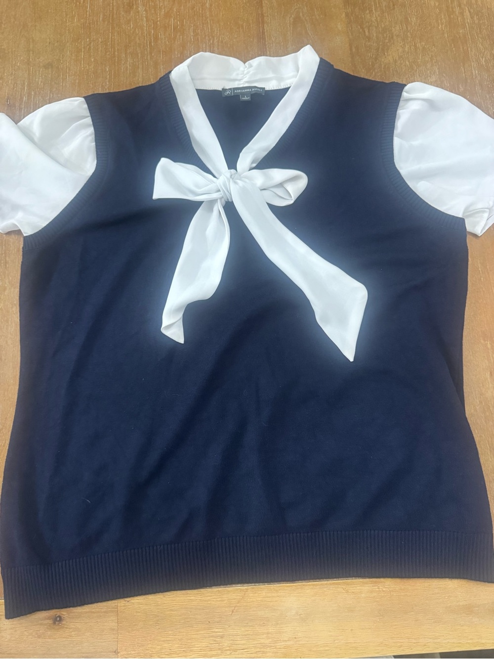 Adrianna Papell Navy Knit Sleeveless Top with White Bow